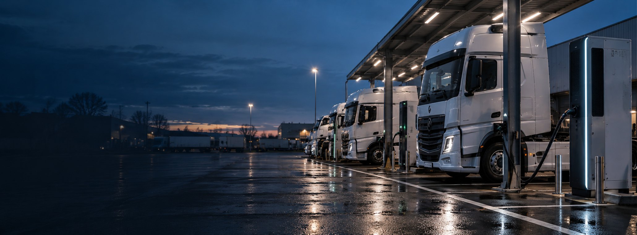 Camions électriques en recharge sur un dépôt logistique